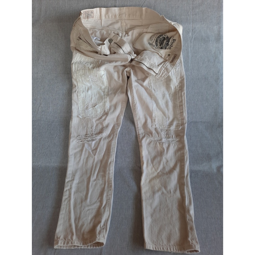 Polo Ralph Lauren Jeans Women 32 Beige‎ Distressed Patch Faded Straight Leg SEE